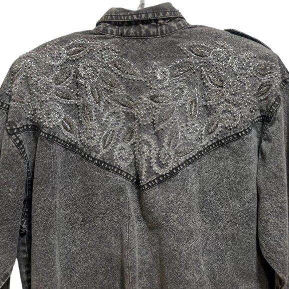 Women's Gray Stonewash Sequence Button Up Front Cotton Denim Cowboy Shirt Medium - Picture 4 of 5